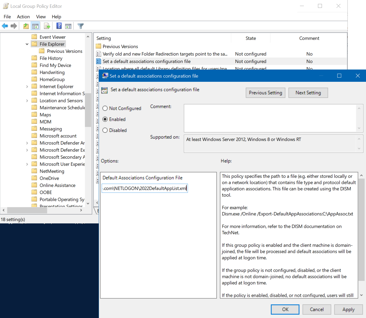 A screenshot showing the group policy editor where you configure Default File Associations