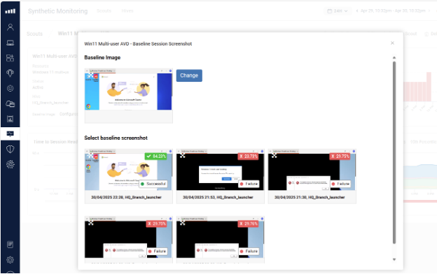  A screenshot of the ControlUp Synthetic Monitoring tool's "Baseline Session Screenshot" feature. The screen shows a "Baseline Image" of a successful session. Below it, a gallery of smaller thumbnails shows both successful and failed session results. One thumbnail is marked "Successful" with a green checkmark and a percentage of 94.23%. The other thumbnails are marked "Failure" with a red X and a percentage, indicating a visual mismatch from the baseline. Some of the failed thumbnails show black screens, indicating a complete failure to render the desktop.