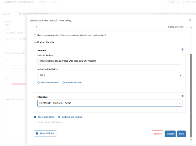 A screenshot of the ControlUp Synthetic Monitoring tool's "Alert Policy" configuration. The policy is for "VDI Instant Clone Internal" and is set up to use a webhook for notifications. The screen shows a "Webhook" section with an "Endpoint Address" field populated with a URL. Below that, an "Integration" dropdown is set to "ControlUp_Alerts in Teams," indicating that alerts for this policy will be sent directly to a Microsoft Teams channel.