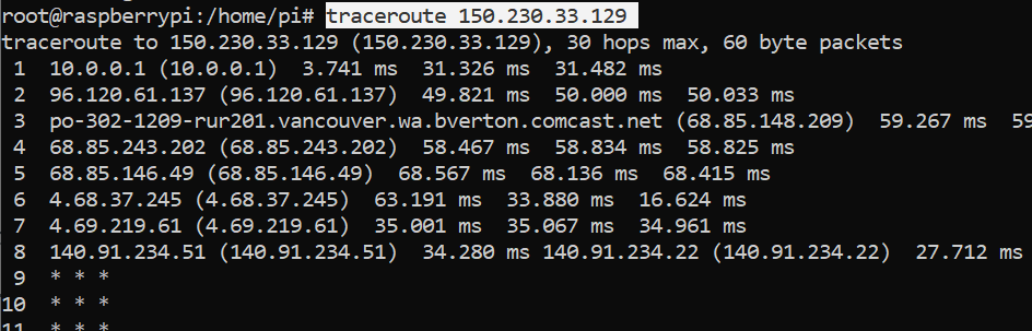 The traceroute command sends three packets to each node along the path from one system to another and reports on how long it takes.